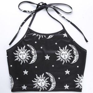 Celestial Print Halter Crop Top Witchy Boho Moon
